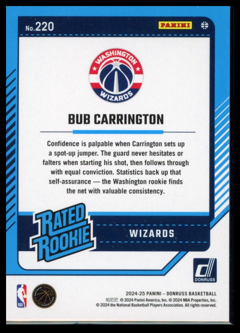 2024-25 Panini Donruss Basketball – Bub Carrington #220 RC Green Laser Wizards
