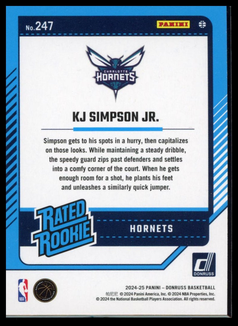 2024-25 Panini Donruss Basketball – KJ Simpson Jr. #247 RC Green Laser Hornets
