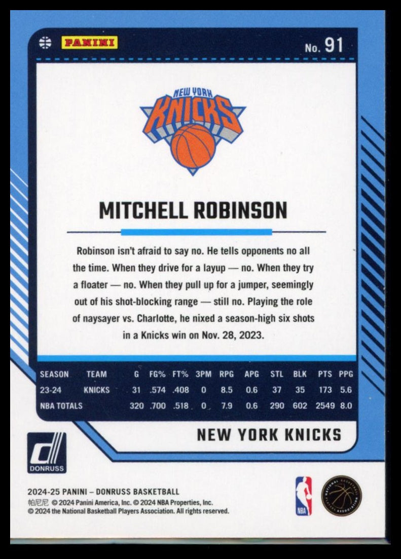 2024-25 Panini Donruss Basketball – Mitchell Robinson #91  Green Laser Knicks