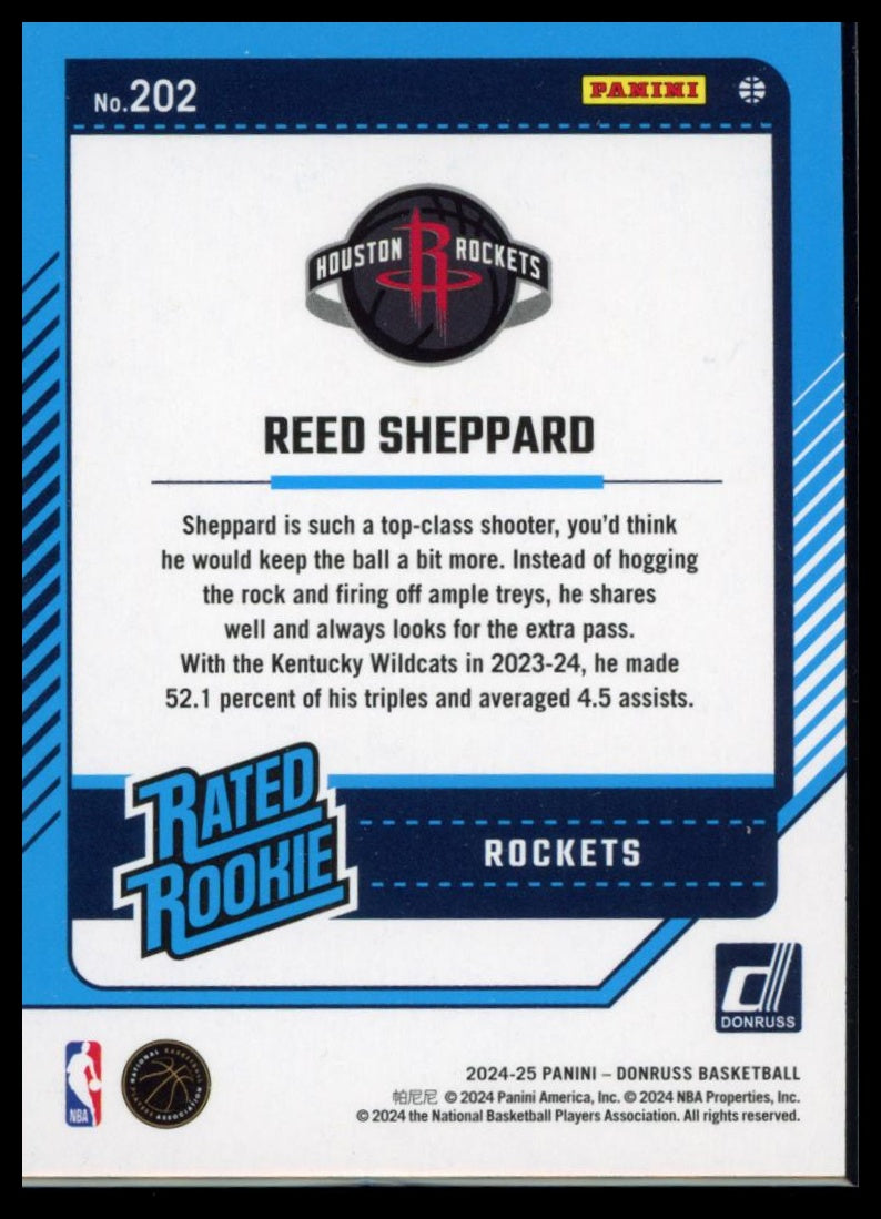 2024-25 Panini Donruss Basketball – Reed Sheppard #202 RC Green Laser Rockets